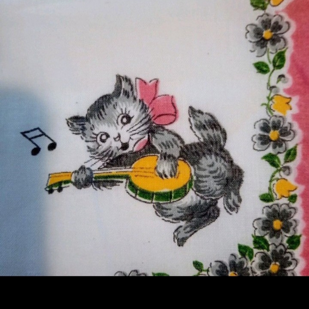 VTG NEW Never Used Crisp AnpromorphicPlayful Grey Kitty Pink White Hanky 50s/60s - Picture 3 of 12